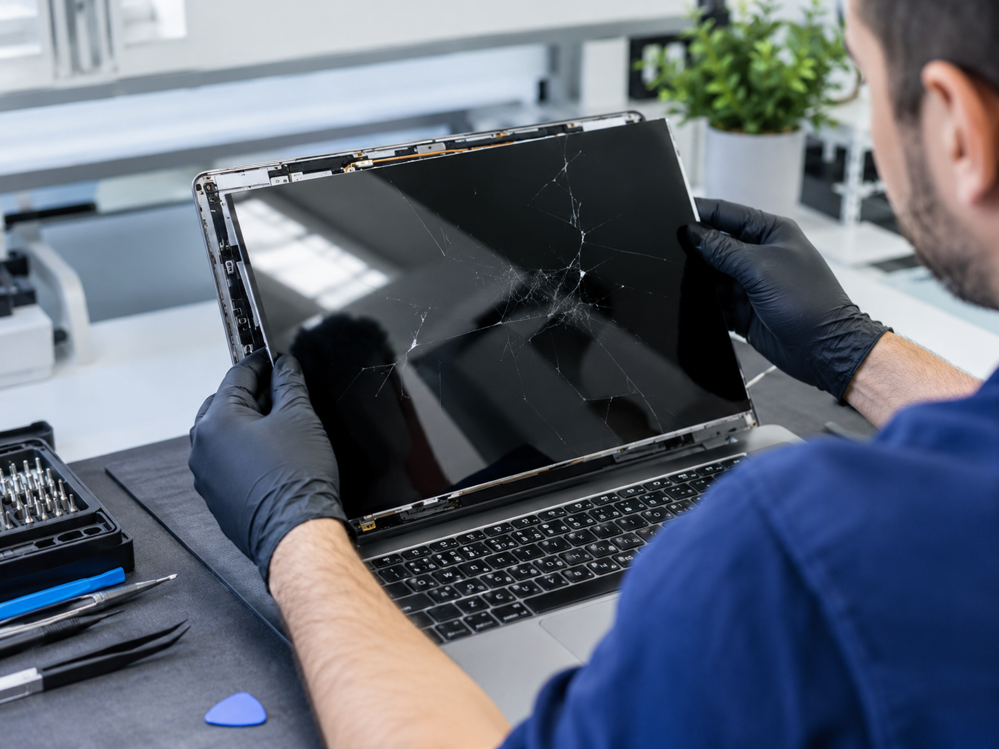 Technician inspecting and replacing a damaged laptop screen