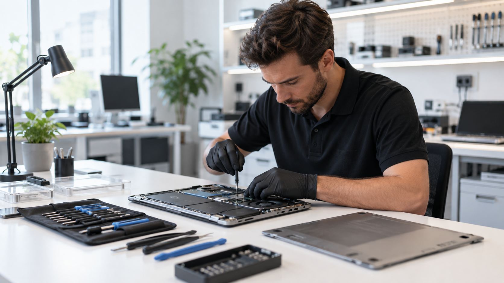 Technician professionally servicing an open laptop at a modern repair workbench