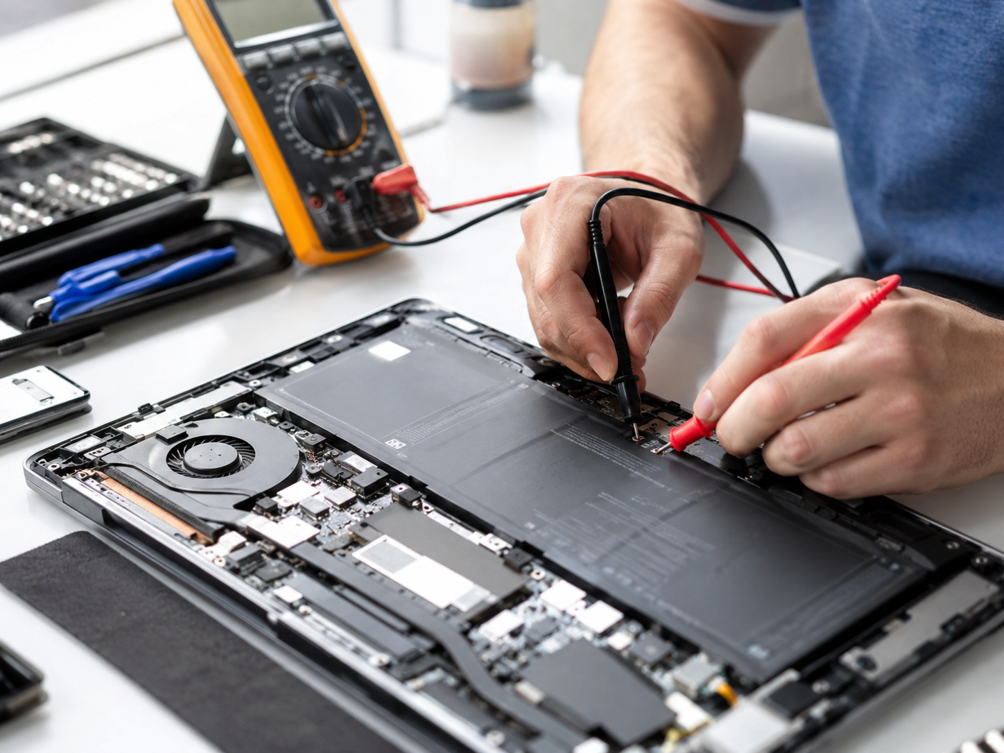 Technician testing laptop battery and charging components